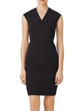 Vince V Neck Bib Sheath Dress size 6 Black Designer Luxury Stretch Work Party